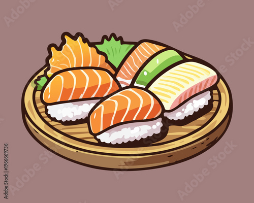 Variety of fresh sushi nigiri on a wooden platter for authentic Japanese seafood dining and gourmet meal - Vector Illustration