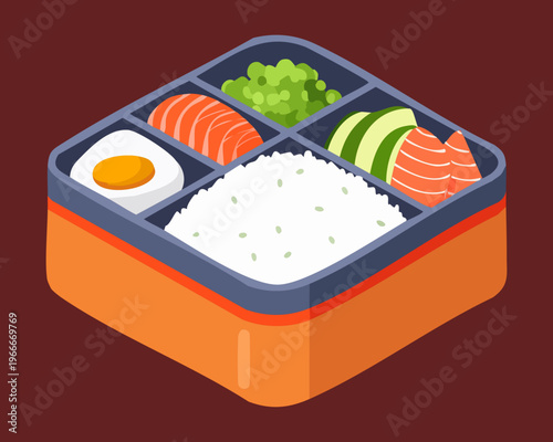 Deluxe bento box featuring salmon egg and vegetables for premium Japanese lunch and healthy dining theme - Vector Illustration