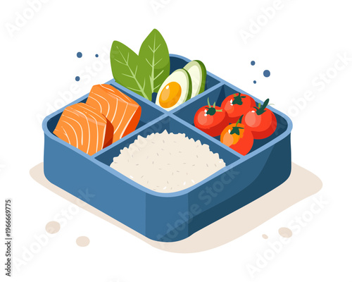 Healthy bento meal with salmon rice and vegetables for balanced diet and Japanese cuisine promotion - Vector Illustration