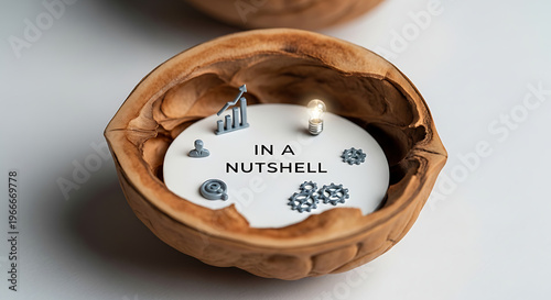 In a nutshell typography concept with white text placed inside an open organic walnut shell symbolizing a simplified explanation, concise business summary, and brief abstract overview.