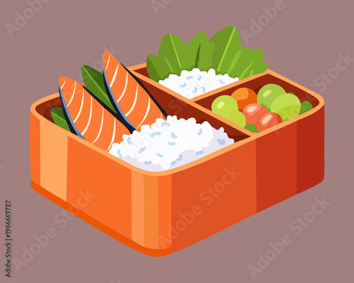 Japanese salmon bento box with green vegetables and egg for healthy lunch box and meal prep - Vector Illustration