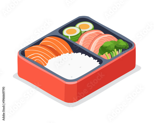 Traditional Japanese bento box with salmon rice and side dishes for healthy eating and restaurant menu - Vector Illustration