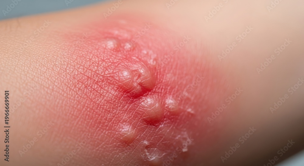 Fototapeta premium Inflamed skin lesion with bubbles and redness on the arm. Skin condition includes painful blisters and irritation on surface, causing discomfort and concern for health.