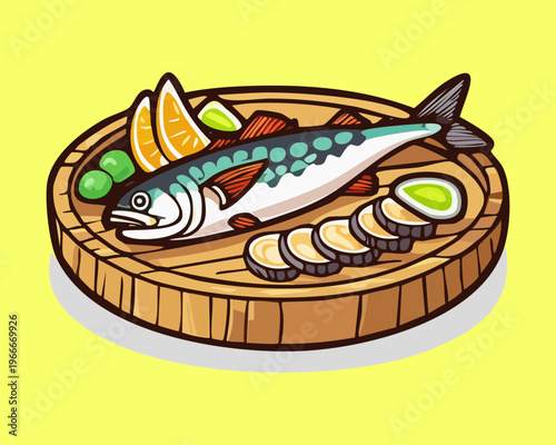 Grilled mackerel fish served on a wooden board with lemon and side dishes for Japanese dinner - Vector Illustration