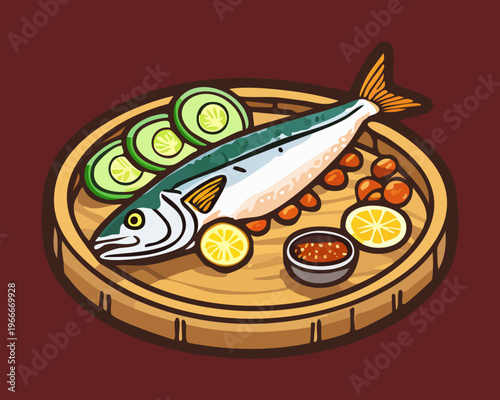Authentic Japanese grilled saba fish with garnish on wooden platter for traditional seafood restaurant menu - Vector Illustration