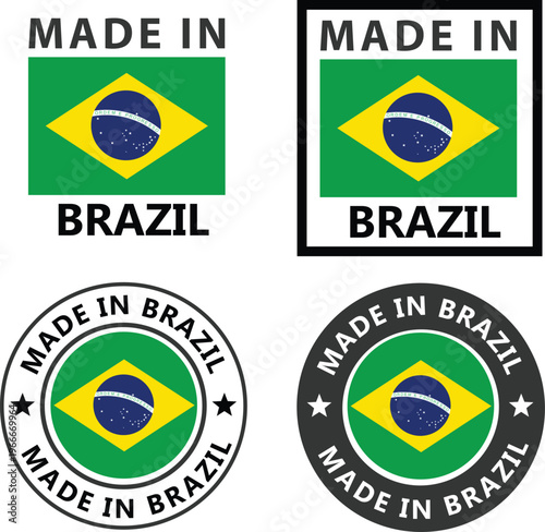Set of Made in Brazil seal, Brazil product tag label sign. Made In Brazil stamp sticker. flat style.