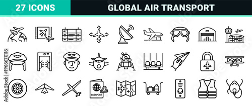 Commercial Aviation and Airport Logistics Icon Set in Minimalist Monoline Aesthetic for Global Transport Systems.