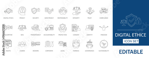 Digital ethics icon set. Includes symbols for Ethical AI, Deepfake, Data Privacy, and AI Transparency. solid vector icon set.