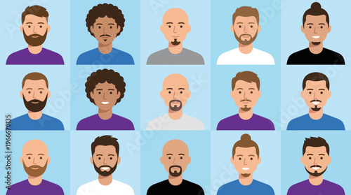 A grid of diverse male avatars showcasing various hairstyles, facial hair, and skin tones against a light blue background.
