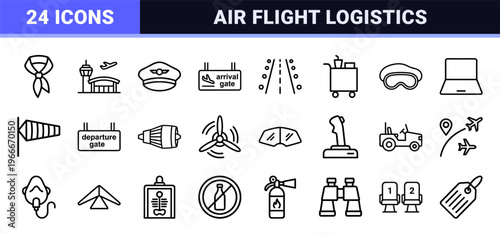 Aviation and Air Travel Industry Minimalist Monoline Icon Set featuring Geometric Line Art for Airport Navigation and Flight Logistics.