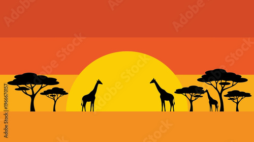 Vibrant African savanna sunset with silhouetted giraffes and acacia trees against an orange and yellow sky.