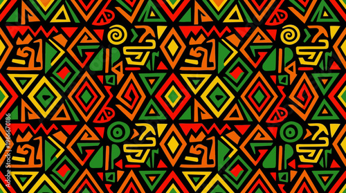 Vibrant seamless African tribal pattern with geometric shapes in red, green, yellow, and orange on a black background, showcasing traditional design elements.