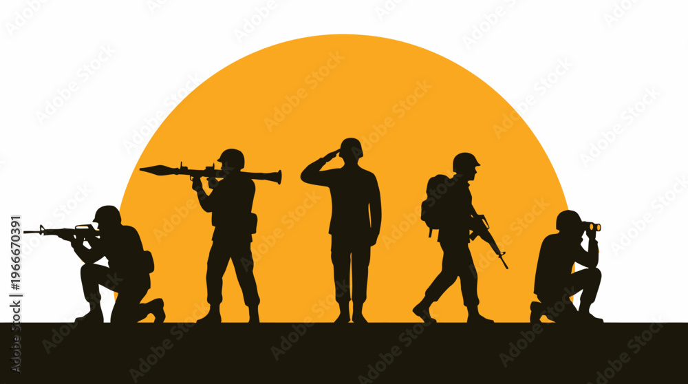 Naklejka premium Silhouettes of five soldiers in various poses against a large orange sun, depicting military service and defense.