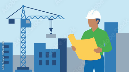An illustration of a construction worker reviewing blueprints at a building site with a large crane and urban structures.