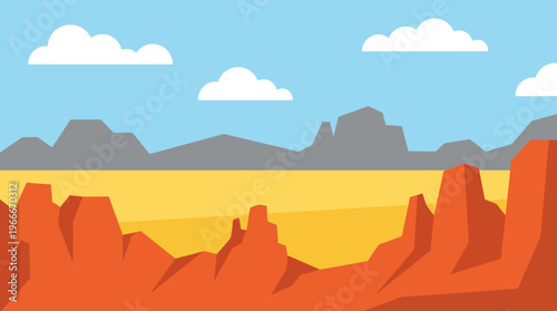 Stylized flat vector illustration of a vast desert landscape with red rock formations, distant mountains, and a clear blue sky with white clouds.