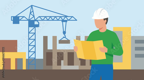 Construction worker in a hard hat reviewing blueprints at a building site with a crane in the background, overseeing project development.