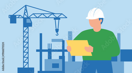 Illustration of a construction worker wearing a hard hat, holding plans, with a large crane and building site in the background.