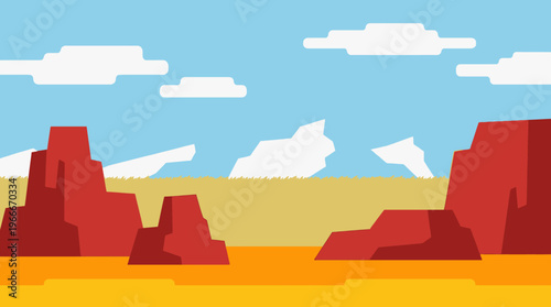 A vibrant pixel art desert landscape featuring red rock formations under a bright blue sky with white clouds and distant mountains.