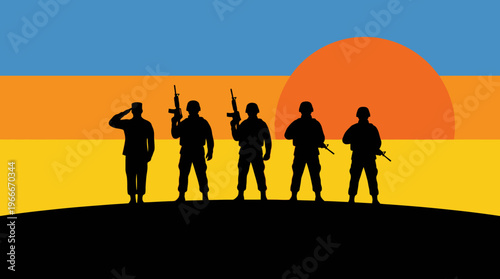 Silhouettes of five soldiers, one saluting, standing on a hill against a vibrant sunset sky with horizontal stripes.