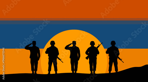 Silhouettes of five soldiers saluting and standing with rifles against a vibrant sunset or sunrise sky, evoking national pride and remembrance.