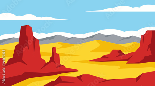 Vibrant flat vector illustration of a desert landscape with towering red rock formations, yellow sand dunes, and distant grey mountains under a bright blue sky with white clouds.