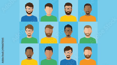 A grid of twelve diverse male avatar portraits with various hairstyles, beards, and skin tones, representing different men.
