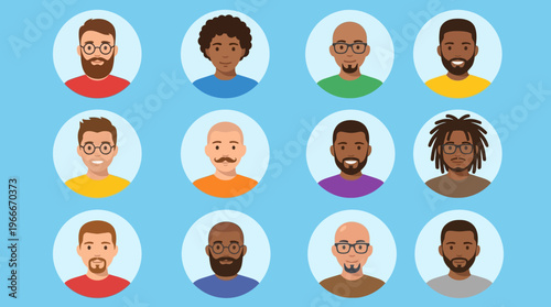 Diverse collection of male avatar icons featuring various hairstyles, beards, skin tones, and glasses, set against a blue background, representing different individuals.