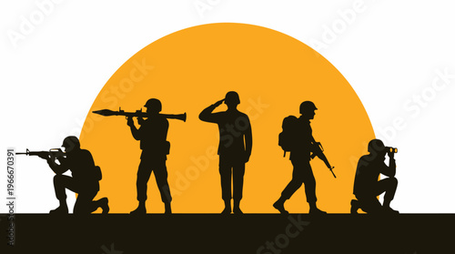 Silhouettes of five soldiers in various poses against a large orange sun, depicting military service and defense.