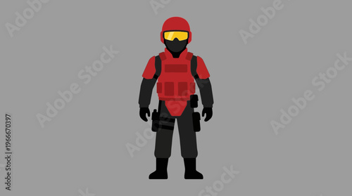 Stylized illustration of a tactical soldier in red and black uniform with helmet and body armor standing against a grey background.