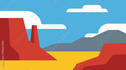 Stylized flat design illustration of a vibrant desert landscape with red rock formations, yellow ground, and distant mountains under a blue sky with white clouds.
