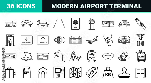 Air Travel and Airport Logistics Minimalist Monoline Outline Icons for Commercial Navigation Systems and Digital Boarding Interfaces