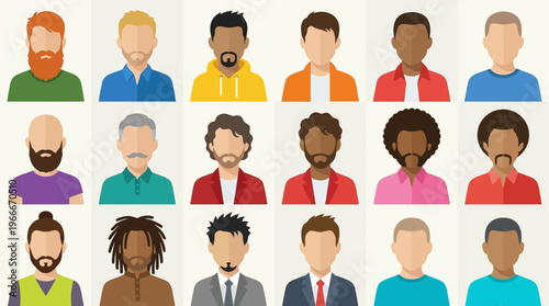 A grid of diverse male avatar icons with various hairstyles, skin tones, and facial features, representing different people.