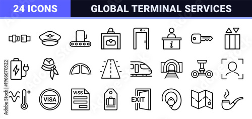 Minimalist Monoline Airport and Travel Wayfinding Icon Set featuring Geometric Line Art for Commercial Aviation Signage and Apps