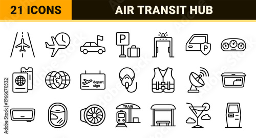 Airport Terminal and Air Travel Logistics Monoline Icons Featuring Minimalist Geometric Outlines for Professional Navigation Systems.