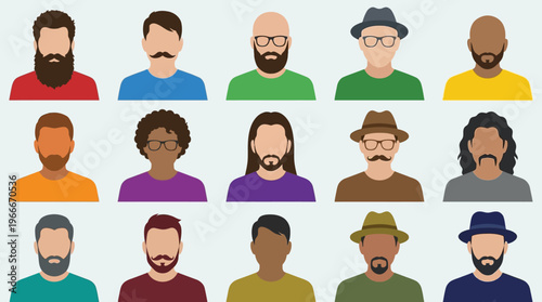 A collection of diverse male avatar icons with various hairstyles, facial hair, glasses, and hats, representing different appearances.