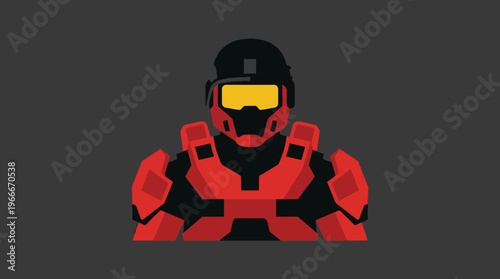 Minimalist flat design illustration of a futuristic red armored character with a yellow visor against a dark grey background.