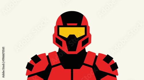 Stylized minimalist illustration of a red armored futuristic soldier with a yellow visor and black accents.