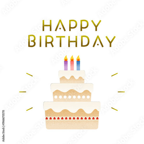 Happy Birthdayの文字入り3段ケーキイラスト ろうそく付きの誕生日デザイン素材 ノイズ加工風