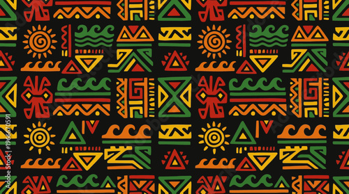 Vibrant seamless pattern with colorful African tribal motifs and geometric symbols on a black background, featuring suns, waves, and triangles.
