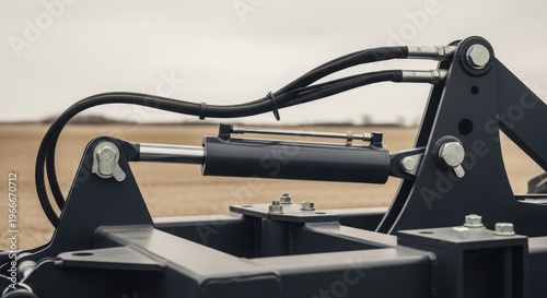 Industrial machinery close-up with hydraulic cylinders and metal components highlighting engineering details.