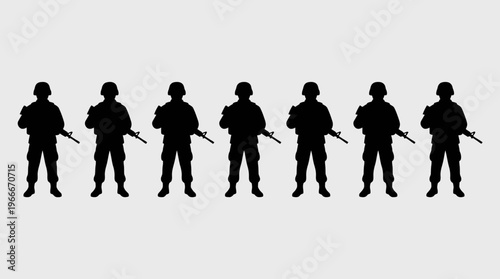 Seven identical black silhouettes of soldiers standing in a line, holding rifles against a light gray background.