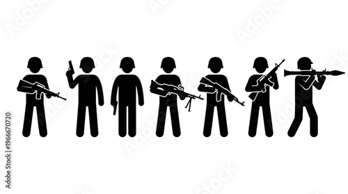 Black silhouettes of armed soldiers and figures holding various firearms and a rocket launcher.