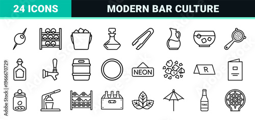 Beverage Service and Mixology Geometric Line Art for Commercial Bar Menus and Hospitality Digital Interfaces with Minimalist Monoline Style