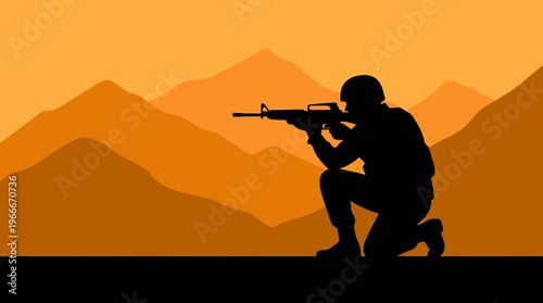 Silhouette of a soldier aiming a rifle in a desert mountain landscape at sunset, depicting military action or training.