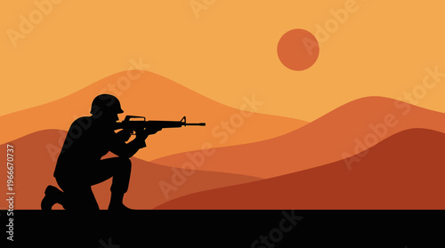 Silhouette of a soldier kneeling and aiming a rifle in a vast desert landscape at sunset or sunrise, with layered hills.