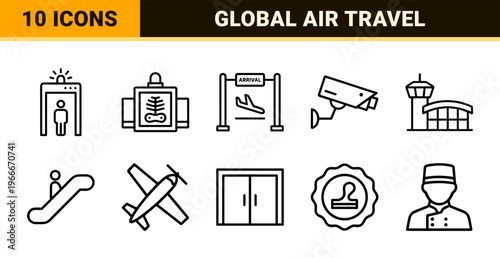 Aviation and Airport Infrastructure Thin Line Icons Featuring Clean Geometric Silhouettes for Modern Travel Navigation and Terminal Logistics.