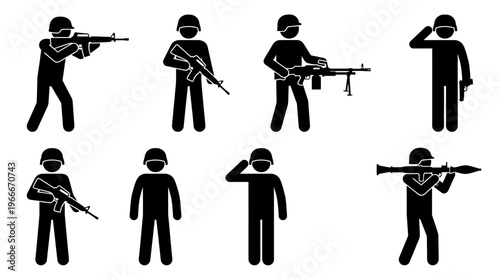 Collection of black stick figures depicting soldiers in various military poses with different weapons and helmets.