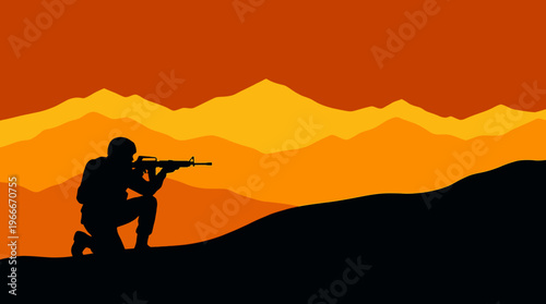 Silhouette of a soldier aiming a rifle in a mountainous desert landscape at sunset.
