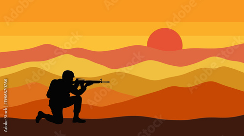 Silhouette of a soldier aiming a rifle in a desert landscape at sunset with layered mountains and a vibrant sky.