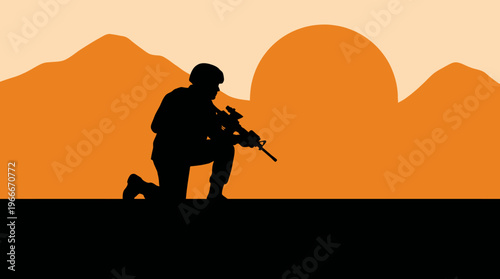 Silhouette of a soldier kneeling with a rifle against a dramatic orange sunset and mountain landscape.